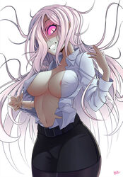 1girls danganronpa female female_only kimura_seiko looking_at_viewer nipple_slip open_shirt smile straight_hair tagme