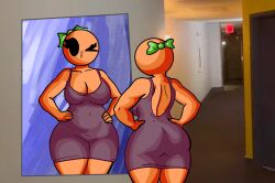 1girls ass ass_focus black_eyes breasts checking_out_self chetoh cleavage clothed clothed_female female female_focus female_only hallway hallway_in_background hand_on_hip hand_on_hips leaf leaf_hair mandy_(chetoh) mirror mirror_reflection oc original original_character purple_dress rear_view smile smiling tight_clothing tight_dress wink winking