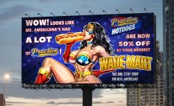 ms._americana superheroine slutty_clothes american_flag_bikini patriotic_clothing ai_generated big_breasts muscular_female muscular eating eating_food phallic_imagery innuendo text photoshop slutty_female advertising billboard city_background gloves red_gloves hotdog blue_eyes black_hair caucasian_female caucasian bimbo boots red_boots tiara choker belt gold_belt thong strapless_bra bra stars stripes star_earrings earrings mask superhero_mask superheroine_costume domino_mask sensual_expression closed_eyes