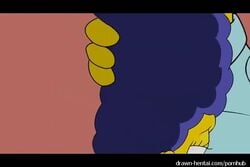 animated blowbang blue_hair clothing drawn-hentai fellatio female homer_simpson marge_simpson oral oral_sex sloppy the_simpsons