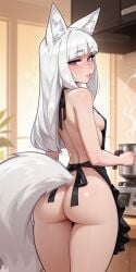 1girls ai_generated ass blunt_bangs blush cafe coffee coffee_cup female firm_ass fox_ears fox_girl fox_tail indoors kitchen long_hair looking_at_viewer looking_back molamaxuy naked naked_apron original_character parted_lips perfect_body purple_eyes rear_view sexy skinny small_breasts solo standing suggestive sunset thigh_gap thighs thin_waist viewed_from_behind white_hair