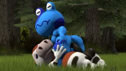 2boys amphibian animal_crossing black_markings blue_body blue_skin blue_spots brown_hair bullfrog chubby chubby_anthro chubby_male closed_eyes completely_naked completely_nude completely_nude_male dark_blue_skin duo equid equine equine_genitalia equine_penis exhibitionism frog gay hand_on_thigh horse horse_ears horse_penis horsecock insertion jeremiah_(animal_crossing) male_only naked nude okapi outside papi_(animal_crossing) penis_in_ass preparation round_thighs shortstack shortstack_femboy sitting_on_person spotted_body squiggle_mouth thick_thighs trees white_markings