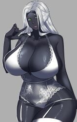 1girls big_breasts dark_grey_body elden_ring elden_ring_nightreign female female_only fromsoftware green_eyes grey_background grey_body grey_skin hi_res huge_breasts kirvine lingerie long_hair looking_at_viewer narrowed_eyes recluse_(nightreign) solo thick_thighs white_hair white_lingerie