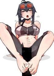 1boy 1girls animated bar_censor bare_shoulders barefoot black_bra black_hair black_pants black_shirt blush body_writing bra bra_strap breasts breath capri_pants censored cleavage collarbone cropped_shirt cum cum_on_body cum_on_feet cum_on_stomach cumshot dot_nose ejaculation eyebrows eyelashes feet female footjob full_body goggles goggles_on_head grace_howard grey-framed_eyewear grey_shirt half-closed_eyes kind_(latd) knees_up large_breasts live2d long_hair longer_than_10_seconds looking_at_penis looking_down low_ponytail midriff mihoyo naughty_face navel open_mouth orange-tinted_eyewear orange_eyes pants penetration_depth_mark penis ponytail pov shirt shorter_than_30_seconds simple_background solo_focus sound spread_legs straight strapless strapless_shirt tagme tinted_eyewear toenails toes tongue tongue_out two-footed_footjob two-tone_shirt underwear vertical_video video wdmov white_background zenless_zone_zero zipper zipper_pull_tab