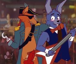 andromorph andromorph/male animal_genitalia animal_penis animatronic anthro balls belt big_penis bonnie_(fnaf) bottomwear bow_tie breasts bulge canid canine clothed clothing coat digital_media_(artwork) duo embarrassed embarrassed_male erection eye_patch eyewear five_nights_at_freddy's fox foxy_(fnaf) fur genitals guitar hook intersex intersex/male knot lagomorph leporid lobo_guarana machine male male/male mammal musical_instrument orange_body orange_fur pants penis pirate plucked_string_instrument presenting presenting_penis rabbit robot scottgames solo string_instrument surprised throbbing throbbing_penis topwear