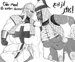 1boy 2girls abs aka6 angry arabian arabic_text areolae armor breasts cleavage crusader dark-skinned_female dark_skin erection female huge_ass huge_breasts huge_cock huge_penis human latin_text long_penis male monochrome muscles muscular muscular_female penis penis_grab rivals straight text thick_thighs thighhighs translated