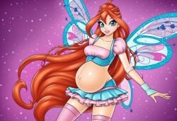 1girls 2d believix bloom_(winx_club) blue_eyes braided_hair breasts clothed clothed_female color fairy fairy_wings female female_only full_color gradient_background long_hair non-nude pregnant pregnant_belly red_hair small_breasts solo stockings tagme_(artist) unknown_artist very_long_hair wings winx_club
