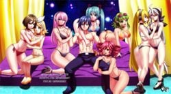 >:) 1boy 6+girls :d :o abs ahoge akita_neru all_fours aqua_eyes aqua_hair ass ass_grab bare_arms bare_legs bare_shoulders bed belt bikini black_bikini black_footwear black_pants black_swimsuit blonde_hair blue_hair breast_grab breasts brown_eyes brown_hair canopy cleavage closed_mouth collar collarbone couple curtains drill_hair duo eyebrows_visible_through_hair fanloid female goggles goggles_on_head grabbing green_bikini green_eyes green_hair green_swimsuit grey_bikini grey_swimsuit grin guided_breast_grab hair_between_eyes hand_on_chest harem hatsune_miku headphones headset high_heels hug hug_from_behind human human_only jadenkaiba kagamine_rin kaito_(vocaloid) kasane_teto kneeling large_breasts leg_grab legs long_hair looking_at_another looking_back male matching_hair/eyes megpoid_gumi megurine_luka meiko midriff multiple_girls muscle mutual_yuri naughty_face navel neck on_bed on_floor open_mouth orange_bikini orange_footwear orange_swimsuit pants parted_lips pimp pink_hair ponytail red_bikini red_eyes red_hair red_swimsuit shiny_hair shirtless shoes short_hair side-tie_bikini side_ponytail sitting sky smile standing star_(sky) starry_sky straight striped striped_bikini striped_swimsuit swimsuit twin_drills twintails utau very_long_hair vocaloid white_hair yellow_bikini yellow_swimsuit yowane_haku yuri