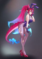 bent_forward blush bunny_ears bunnysuit cloud_hair_ornament dragon_girl dragon_hands dragon_horns dragon_scales dragon_tail endless_(idol_corp) estebaneishon1 fishnets hand_on_leg high_heels idol-en idol_corp kai_saikota large_breasts lipstick looking_at_viewer ponytail smiling thick_thighs torn_fishnets virtual_youtuber wide_hips