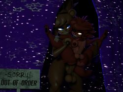 3d 4:3 anal anal_sex anthro balls bear breasts brown_body brown_fur canid canine dumpsterdivingfox duo eye_contact fexa_(cryptiacurves) five_nights_at_freddy's fox foxy_(fnaf) freddy_(fnaf) freddyxfoxy fredina's_nightclub frenni_(cryptiacurves) full_nelson fur futanari genitals glowing glowing_eyes gynomorph gynomorph/gynomorph gynomorph_penetrated gynomorph_penetrating hi_res intersex intersex/intersex intersex_penetrated intersex_penetrating looking_at_another mammal penetration red_body red_fur scottgames sex size_difference smile standing standing_sex