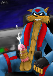 absurd_res anthro aybara balls clothed clothing cum erection felid feline hanna-barbera hi_res humanoid_penis invalid_tag jake_clawson male male_only mammal masturbation penile penile_masturbation penis simple_background solo swat_kats