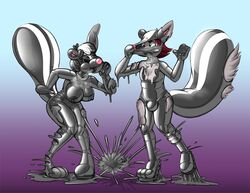 2019 anthro assimilation big_breasts breasts bulge chest_tuft duo female furry gas_mask goo_transformation gradient_background hair hi_res human_to_anthro male mammal mask mephitid nipples open_mouth redflare500 rubber short_hair simple_background skunk species_transformation standing surprise transformation tuft