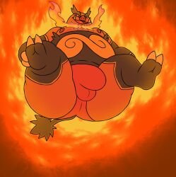 anthro ass bent_legs big_bulge big_butt bulge clothing elemental_manipulation emboar falling fire fire_manipulation generation_5_pokemon hi_res huge_butt landon_starz legs_up low-angle_view male nintendo nipples pokemon pokemon_(species) solo spread_legs spreading thong underwear