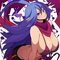 1girls antennae ass bare_arms belt bikini_top bimbo blue_hair blush breasts cleavage closed_mouth disgaea disgaea_d2 female female_only huge_breasts kara_age laharl laharl-chan long_hair looking_at_viewer midriff nippon_ichi_software pointy_ears red_eyes rule_63 scarf shiny shiny_skin simple_background solo solo_female voluptuous white_background