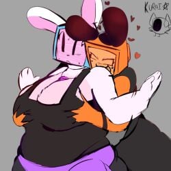 2girls artist_signature big_breasts breasts bunny_veeronica chubby_female cleavage clothed clothing crossover female female_only forsaken_(roblox) grabbing_breasts grabbing_breasts_from_behind grabbing_from_behind huge_breasts melanie_(regretevator) regretevator roblox roblox_game robloxian robot robot_girl source_request tagme tagme_(artist) thick_thighs tv_head veeronica