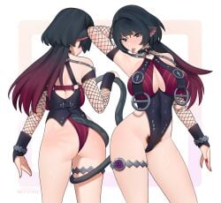animal_ears arm_behind_head arm_up armpits artist_name ass black_hair breasts cleavage commentary_request contrapposto cowboy_shot detached_sleeves female fingernails fishnet_sleeves fishnets from_behind gradient_hair green_eyes hand_up harness heart heart-shaped_pupils highleg highleg_one-piece_swimsuit holding_own_tail jane_doe_(nocturne_of_light)_(zenless_zone_zero) jane_doe_(zenless_zone_zero) jewelry large_breasts legs_apart long_hair looking_at_viewer mouse_ears mouse_girl mouse_tail multicolored_hair multiple_views nail_polish o-ring o-ring_harness o-ring_swimsuit one-piece_swimsuit piercing pubic_hair red_hair red_nails rezodwel spanked standing sweatdrop swimsuit symbol-shaped_pupils tail thighlet tongue tongue_out tongue_piercing two-tone_one-piece_swimsuit white_background zenless_zone_zero