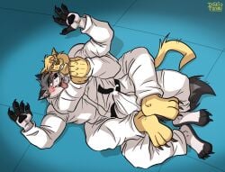 anthro arm_around_neck arms_around_another arms_around_partner aroused aroused_by_another aroused_face aroused_male aroused_smile asphyxiation barefoot belt big_bulge black_belt black_clothing bodily_fluids bottomwear bulge bulge_fondling bulge_rubbing canid canine canis chance_furlong chokehold choking claws clothing competition cum cum_in_clothing cum_in_pants cum_through_clothing cum_through_pants cumshot defeat defeated detailed_bulge domestic_cat dominant dominant_anthro dominant_male domination/submission duo ejaculation erection erection_under_bottomwear erection_under_clothing erection_under_pants feet feet_on_bulge felid feline felis foot_fetish foot_on_bulge foot_on_crotch foot_play footjob footjob_through_clothing fur genital_fluids genital_outline grabbing_another grabbing_from_behind grabbing_partner grey_body grey_fur grin grinning_at_partner hanna-barbera headlock hi_res holding_another holding_from_behind holding_partner karate karate_belt karate_outfit karate_pants kyash-tyur legs_around legs_around_legs legs_around_partner legs_around_waist looking_at_another looking_at_partner looking_pleasured lying lying_on_ground male male/male mammal manhandling manly martial_art_pants martial_artist martial_arts martial_arts_dojo martial_arts_uniform muscular muscular_anthro muscular_male on_back on_ground pants pawpads penis_outline roughhousing rthur secretly_loves_it sex sexual_competition shirt sleeper_hold smile smirk smirking_at_another smirking_at_partner sportswear submissive submissive_anthro submissive_male swat_kats tail taunting taunting_partner teasing teasing_partner teasing_with_feet tenting tongue tongue_hanging_out tongue_out topwear wet wet_clothing white_bottomwear white_clothing white_pants white_shirt white_topwear wolf wrestling wrestling_match yellow_body yellow_fur