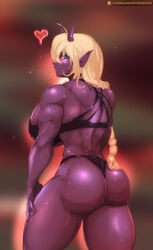 1girls ass back_muscles big_breasts blush breasts cleavage female female_only large_breasts looking_at_viewer looking_back muscles muscular muscular_female purple_skin solo sprinklepoo thick_thighs