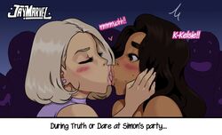 2girls :>= blonde_hair blush carmen_and_kelsie carmen_marvello closed_eyes dark_hair drooling female female_only french_kiss jay-marvel kelsie_daniels kissing latina lips long_hair short_hair surprise_kiss text tongue tongue_kiss truth_or_dare yuri