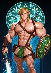 abs ai_generated bara biceps big_arms big_ass big_biceps big_muscles big_pecs bodybuilder bulge chest chest_focus chest_harness flexing flexing_bicep flexing_muscles harness himbo huge_arms huge_biceps huge_pecs link looking_at_viewer male male_focus male_only master_sword muscles muscular muscular_arms muscular_legs muscular_male muscular_thighs nintendo pecs revealing_clothes shield skimpy skimpy_clothes solo solo_focus solo_male squeezing squeezing_breast squish stained_glass sword the_legend_of_zelda underwear yaoi