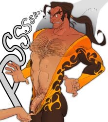 big_pecs big_penis chest_hair clothes_pull cock dick dispatch_(game) exposed_cock exposing exposure flambae gay hairy hairy_chest male male_only muscular muscular_male penis ponytail precum spidoznick veiny veiny_penis