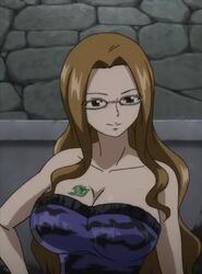 1girls arm_at_side bare_arms bare_shoulders black_eyes blue_dress breast_tattoo breasts brown_hair cleavage closed_mouth collarbone dress evergreen_(fairy_tail) fairy_tail female glasses indoors large_breasts long_hair looking_at_viewer neck screencap sidelocks smile solo stone_wall strapless strapless_dress tattoo upper_body wall