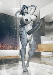 1futa 2018 anthro aolun_(character) balls big_breasts big_penis black_hair black_nipples black_penis breasts bubble claws crescent_moon dickgirl erection fangs felid furry futanari hair hi_res huge_cock humanoid_penis hyper hyper_penis intersex looking_at_viewer machairodontine mammal moon night nipples pantherine penis pinup pose punisa shower showering solo solo_futa stripes tiger white_balls yellow_eyes