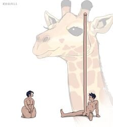 balls black_hair breasts erection female giraffe hyper_long_penis kneeling koralldiz long_penis male nude nude_female nude_male penis puckered_lips shocked_expression short_hair sitting sketch thick_thighs very_long_penis wtf