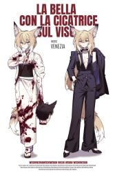 absurdres animal_ear_fluff animal_ears arknights black_jacket black_pants black_sash blazer blonde_hair blood blood_on_clothes blood_on_face blood_on_feet blood_on_hands blood_on_weapon blood_splatter breasts center_opening character_name chinese_commentary cleavage closed_mouth coat collarbone commentary_request cowboy_shot death female formal_clothes hair_between_eyes hand_in_pocket highres holding holding_coat holding_detached_head holding_sword holding_unworn_clothes holding_weapon jacket japanese_clothes jslmjnzn kimono lapels long_hair long_sleeves looking_at_viewer medium_breasts multicolored_hair multiple_views navel no_bra no_shirt obi pants sash scar scar_on_cheek scar_on_face severed_head short_hair simple_background standing streaked_hair sword unworn_coat updo vulpisfoglia_(arknights) wakizashi weapon white_background white_hair white_kimono yellow_eyes