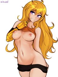 1girls aikuxa blonde_hair breasts female female_only human long_hair looking_at_viewer mechanical_arm prosthetic prosthetic_arm purple_eyes robotic_arm rwby shirt shirt_lift smile solo teeth yang_xiao_long yellow_eyebrows yellow_hair