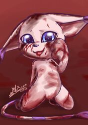 2019 anthro blood blue_eyes clothed clothing digimon digimon_(species) felid feline female fur gatomon haiiromon mammal nipples nude pussy simple_background smile solo tongue tongue_out whiskers white_fur