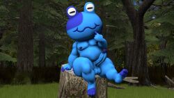 3d 3d_(artwork) amphibian animal_crossing blue_body blue_nipples blue_penis blue_skin blue_spots bullfrog chubby chubby_anthro chubby_male closed_eyes completely_naked completely_nude completely_nude_male dark_blue_skin exhibitionism frog green_leaves jeremiah_(animal_crossing) logdoesrenders male_only naked nude outside round_thighs shortstack shortstack_femboy sitting sitting_on_tree_stump source_filmmaker spotted_body squiggle_mouth thick_thighs tree_stump trees
