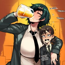 , ai_generated beer big_breasts big_thighs black_eyes black_hair black_patch, black_suit blush blushing_female brown_hair chainsaw_man dizzy_eyes donbeboys drunk drunk_female drunk_sex futa_on_futa futanari higashiyama_kobeni himeno_(chainsaw_man) lesbian_sex small_breasts small_tits surprised_expression swallowing two_girls yuri