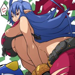 1girls antennae bare_arms belt bikini_top bimbo blue_hair bracelet breasts closed_mouth disgaea disgaea_d2 female furrowed_eyebrows gender_transformation jewelry kara_age laharl laharl-chan large_breasts long_hair looking_at_viewer nippon_ichi_software pointy_ears prinny red_eyes rule_63 scarf solo underboob upper_body v_arms