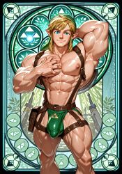 abs ai_generated armpits arms_up bara biceps big_arms big_ass big_biceps big_muscles big_pecs bodybuilder bulge chest chest_focus chest_harness flexing flexing_bicep flexing_muscles harness himbo huge_arms huge_biceps huge_pecs link looking_at_viewer male male_focus male_only muscles muscular muscular_arms muscular_legs muscular_male muscular_thighs nintendo pecs revealing_clothes skimpy skimpy_clothes solo solo_focus solo_male squeezing squeezing_breast squish stained_glass the_legend_of_zelda underwear yaoi