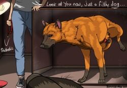 after_transformation anatomically_correct anatomically_correct_genitalia animal_genitalia animal_penis balls canid canine canine_genitalia canine_penis canis domestic_dog duo english_text feral feral_pov first_person_view genitals half-erect hi_res humiliation knot knot_in_sheath knotted_penis looking_at_self male mammal mirror mirror_pov paws penis raised_leg renwick-fox_(artist) sheath story story_in_description submissive submissive_pov text transformation transformation_pov