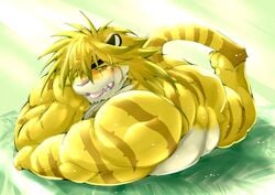 blush drooling felid fur hair long_hair macan_(tokyo_afterschool_summoners) magan male male_only mammal muscular muscular_male nude pantherine pecs saliva solo_male striped_fur stripes tiger tokyo_afterschool_summoners tomoyamaru_alt tongue video_games