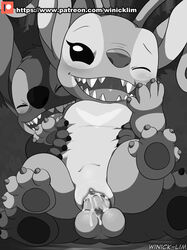 2019 4_fingers 4_toes alien angel_(lilo_and_stitch) antennae blush chest_markings claws closed_eyes cum disney duo experiment_(species) female female_penetrated forest fur greyscale hand_on_face happy happy_sex head_tuft lilo_and_stitch male male_penetrating markings one_eye_closed open_mouth open_smile outside partially_colored patreon pawpads penetration penis saliva sex smile stitch straight testicles text toe_claws toes tree tuft url vaginal_penetration watermark winick-lim