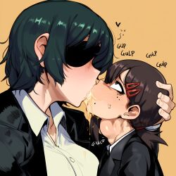 , ai_generated big_breasts big_nipples big_thighs black_eyes black_hair brown_hair chainsaw_man closed_eyes donbeboys drunk drunk_female futa_on_futa futanari higashiyama_kobeni himeno_(chainsaw_man) kissing lesbian_kiss lesbian_sex open_eyes open_shirt surprised swallowing two_girls yuri