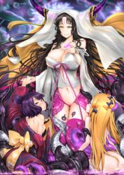 3girls abigail_williams_(fate) abs ass ass_cleavage aura bangs bare_shoulders blunt_bangs bow breasts butt_crack detached_sleeves fate/grand_order fate_(series) female hair_bun hair_ornament hairbow high_resolution holding_hands horns huge_breasts interspecies katsushika_hokusai_(fate) kimono large_breasts licking_lips long_hair long_sleeves looking_at_another looking_at_viewer looking_back monster_girl multiple_girls navel nude off_shoulder open_mouth orange_bow parted_bangs pink_legwear posterior_cleavage purple_bow revealing_clothes ribbon ribbons sesshouin_kiara short_eyebrows short_hair stomach tattoo tentacle thick_thighs thighhighs thighs tied_hair tongue tongue_out very_long_hair wafuku wavy_hair wet wide_hips yellow_eyes yuri yuriwhale