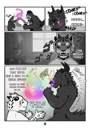 absurd_res anthro book burping canid canine chemistry clothed clothing comic darius_(picantetortuga) demon digital_media_(artwork) dumb_bitch_juice duo english_text facial_scar felid fur furry genitals hi_res horn juno_(picantetortuga) long_tongue male male/male mammal monochrome muscular mythological_canine mythological_creature mythology onomatopoeia open_mouth pantherine picantetortuga potion scar shaking shivering simple_background sound_effects source_request tail text tiger tongue tusks werecanid werecanine werecreature window