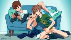 2boys animated aqua_eyes bar_censor blowjob brown_eyes brown_hair censored clothing fellatio game_controller gay holding_penis human male male_only manual maruten masturbating_during_fellatio masturbation multitasking oral pants_around_one_leg penis playing_videogame pointless_censoring socks spread_legs stroking_penis sucking triforce yaoi