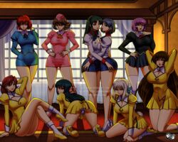 6+girls adjutant_(agent_aika) agent_aika all_fours arm_support arm_up arms_up artist_logo artist_name ass bangs bare_legs bed bianca_(agent_aika) big_breasts black_delmo black_delmo_leader black_eyes black_jacket black_neckwear black_skirt blue_delmo blue_delmo_leader blue_dress blue_eyes blue_hair blue_neckwear blue_ribbon bobby_socks breast_press breasts brown_eyes brown_hair cleavage cleavage_cutout closed_mouth couple covered_navel cravat curvy delmo delmo_commander delmogeny_uniform double-breasted dress duo earrings eyebrows eyebrows_visible_through_hair face-to-face female garrison_cap golden_delmo green_hair grey_eyes groping hair_intakes hair_ornament hair_ribbon half_updo hand_on_ass hands_on_hips harem hat high_heels hug human imminent_kiss indoors jacket jadenkaiba jewelry juliet_sleeves knees_up large_breasts legs lipstick long_hair long_sleeves looking_at_viewer looking_back makeup medium_breasts multiple_girls mutual_yuri on_floor open_mouth orange_neckwear pale-skinned_female pale_skin panties pantylines pantyshot parted_bangs parted_lips pencil_skirt pink_delmo pink_dress pink_footwear pink_headwear pink_ribbon pleated_skirt puffy_sleeves purple_hair red_hair red_lips red_neckwear ribbon rie_petoriyacowa romantic sania_(agent_aika) short_hair silver_hair sitting skirt smile socks standing suzie_(agent_aika) symmetrical_docking taut_clothes thick_thighs thighhighs thighs tonia_(agent_aika) underwear uniform villainess voluptuous wariza white_delmo white_footwear white_jacket white_legwear white_panties wide_hips window yellow_dress yellow_footwear yuri