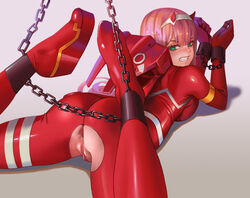 1girls anus ass blush bodysuit bondage chains dantewontdie darling_in_the_franxx female female_only green_eyes horns long_hair pink_hair pussy uncensored zero_two_(darling_in_the_franxx)