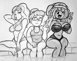 3girls big_breasts bikini bikini_bottom bikini_top breast_size_difference breasts chubby chubby_female dolly_dimpley earrings hat headphones hourglass_figure hourglass_figured_female large_breasts looking_at_viewer marge_simpson_(smiling_friends) navel one_piece_swimsuit pablosjuarez peace_sign peace_symbol pinup pool poolside pose sketch smiling_friends sunglasses sunglasses_on_head tagme wink winking_at_viewer zoey_(smiling_friends)