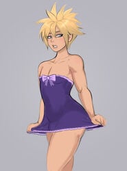 1boy androgynous bare_shoulders blonde_hair blue_eyes cloud_strife color crossdressing dress femboy final_fantasy final_fantasy_vii girly lingerie male male_only penis_under_dress shadman simple_background solo standing thunder_head trap