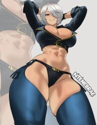 abs absurdres angel_(kof) backless_pants blue_eyes boots breasts chaps cleavage commentary confident cowboy_boots crop_top cropped_jacket cropped_torso english_commentary female fingerless_gloves from_below gloves grin hair_over_one_eye highres implied_after_fight jacket king_of_fighters king_of_fighters_2001 king_of_fighters_xiv large_breasts leather leather_jacket midriff navel no_bra ntenebrae panties pants posing self-upload short_hair skindentation smile snk solo stomach stomach_focus the_king_of_fighters the_king_of_fighters_2001 the_king_of_fighters_xiv thick_thighs thighs toned toned_female underwear white_hair wide_hips