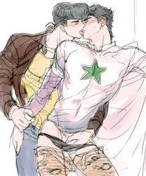2boys aged_up blush clothed diamond_is_unbreakable dilf from_behind gay hand_in_pants incest jojo's_bizarre_adventure josuke_higashikata jotaro_kujo kissing male male_only nephew reach_around stone_ocean tongue tsuna(artist) uncle uncle_and_nephew undressing yaoi