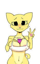 anthro areola bethesda_softworks big_breasts bottomless breasts cleavage clothed clothing dbaru dildo felid female fur gesture grin hi_res katia_managan khajiit looking_at_viewer mammal midriff navel nipple_outline prequel sex_toy shirt simple_background skimpy smile solo standing tank_top the_elder_scrolls tight_clothing topwear v_sign vibrator video_games webcomic white_background yellow_fur