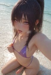 ai_generated beach bikini femboy feminine_male hannai kneeling looking_at_viewer male nipple_play nipples otoko_no_ko outdoors penis ponytail purple_eyes selfie solo solo_femboy tongue tongue_out trap water wet_body wet_hair